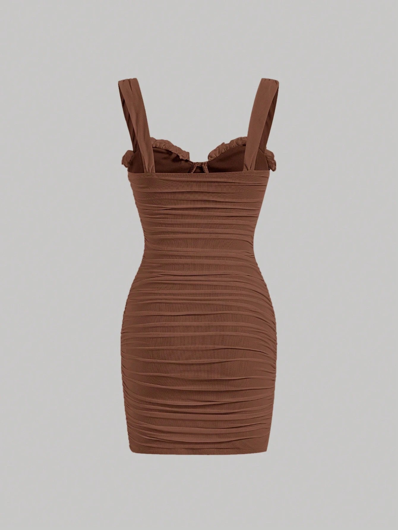 Fashzeo women's Brown wide strap square neck bodycon mini dress with all-over ruched detailing and zipper back in a glam party style.1