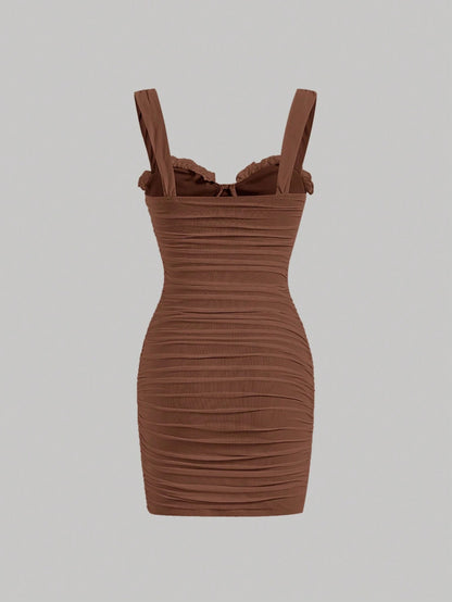 Fashzeo women's Brown wide strap square neck bodycon mini dress with all-over ruched detailing and zipper back in a glam party style.1