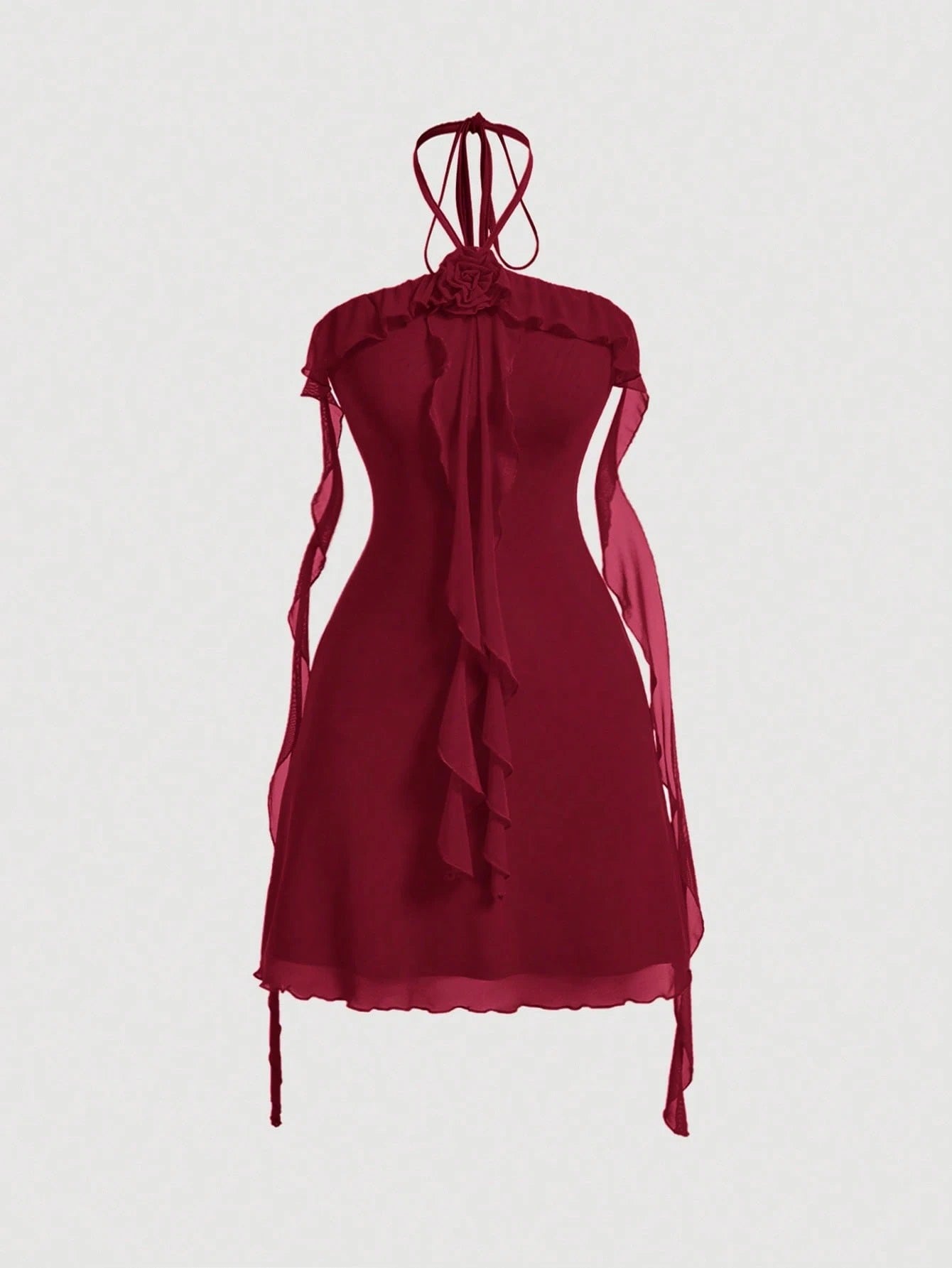 Fashzeo women's Burgundy sleeveless halter mini dress with 3D floral rosette decor and cascading ruffle trim in a sheer mesh fabric
