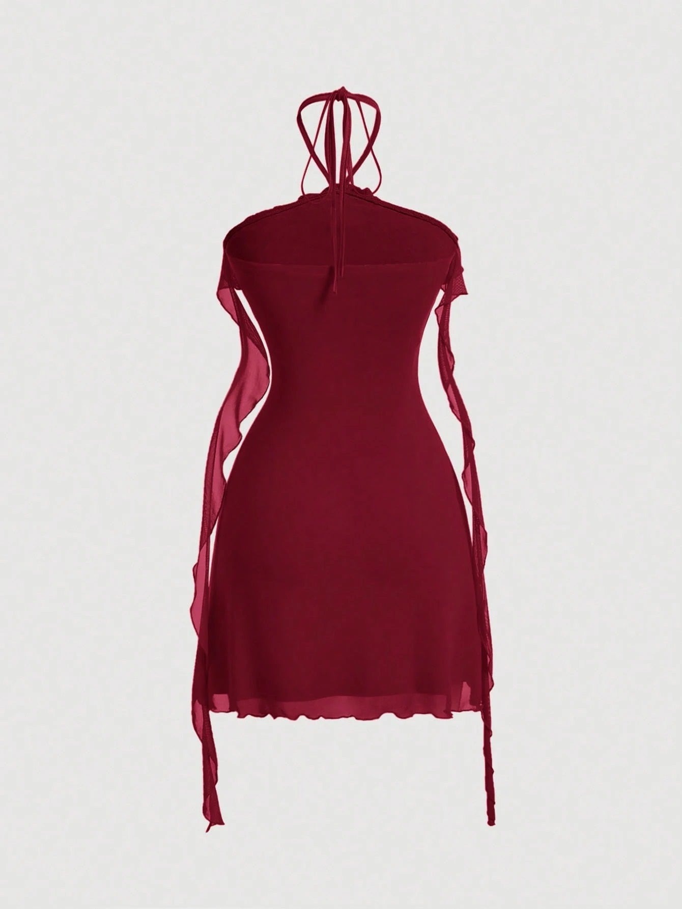Fashzeo women's Burgundy sleeveless halter mini dress with 3D floral rosette decor and cascading ruffle trim in a sheer mesh fabric1