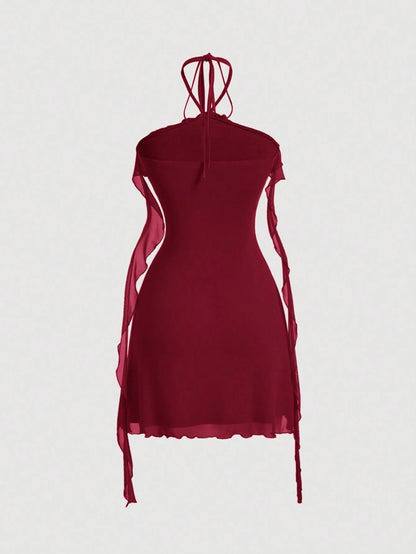 Fashzeo women's Burgundy sleeveless halter mini dress with 3D floral rosette decor and cascading ruffle trim in a sheer mesh fabric1
