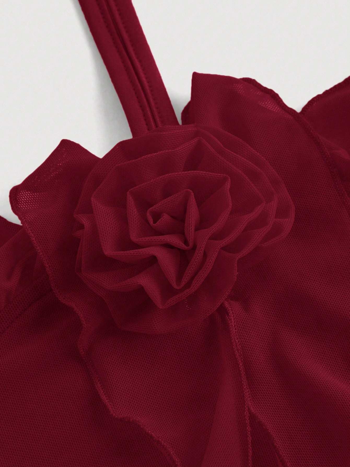 Fashzeo women's Burgundy sleeveless halter mini dress with 3D floral rosette decor and cascading ruffle trim in a sheer mesh fabric2