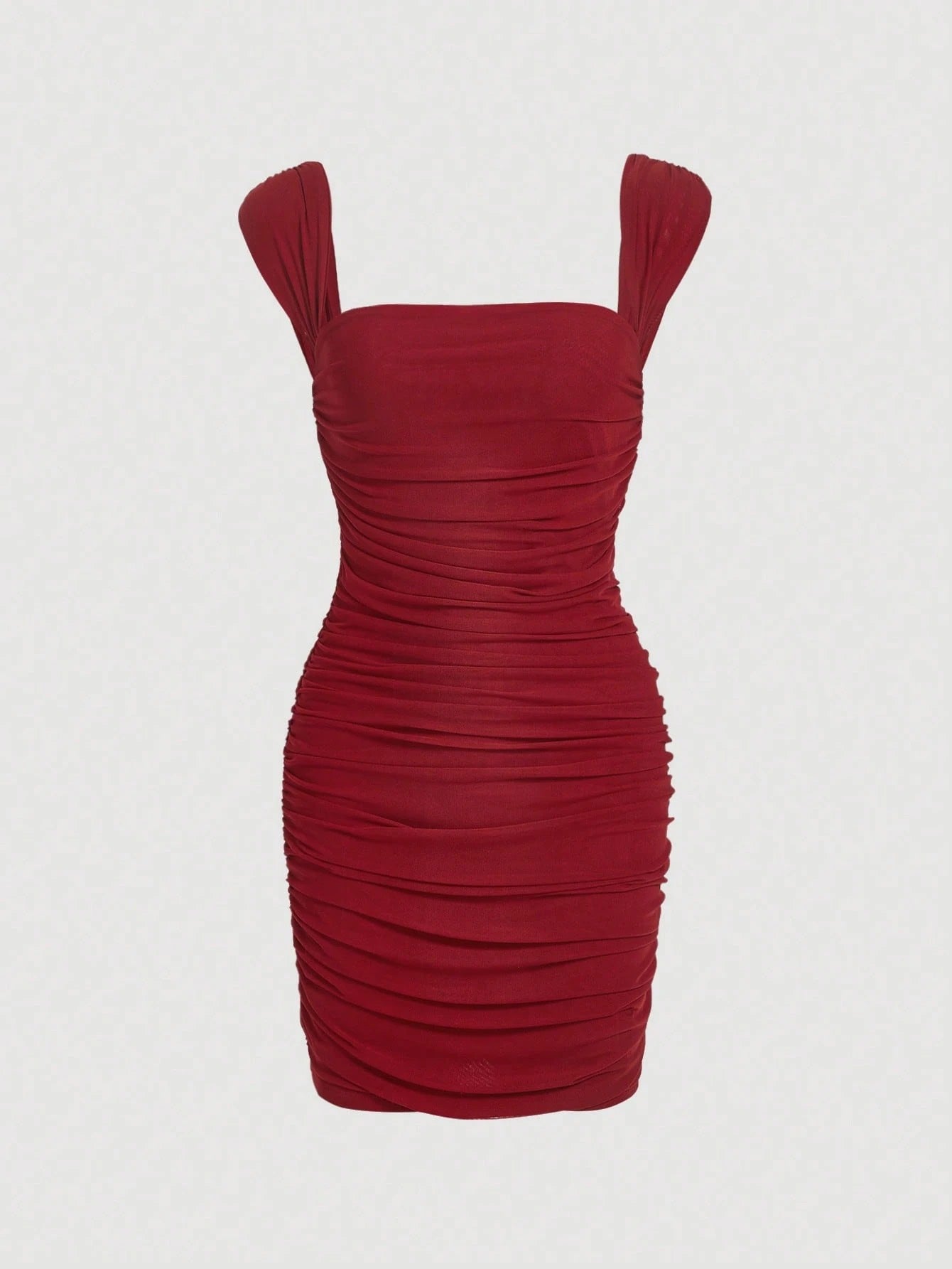 Fashzeo women's Burgundy sleeveless ruched cami bodycon mini dress with square neckline and sheer mesh overlay in a sexy party style.
