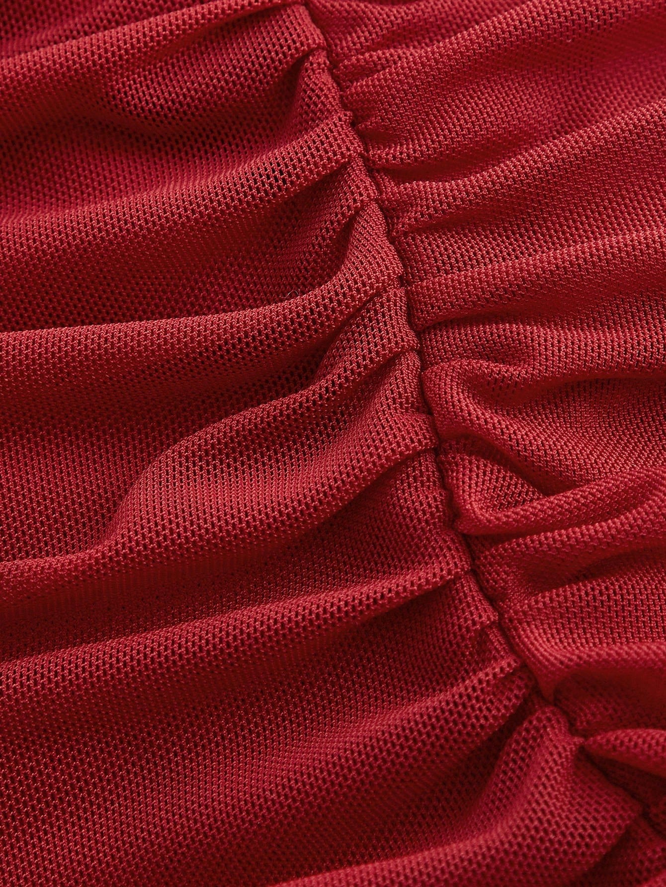 Fashzeo women's Burgundy sleeveless ruched cami bodycon mini dress with square neckline and sheer mesh overlay in a sexy party style.4