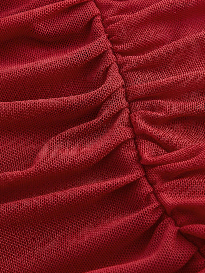 Fashzeo women's Burgundy sleeveless ruched cami bodycon mini dress with square neckline and sheer mesh overlay in a sexy party style.4