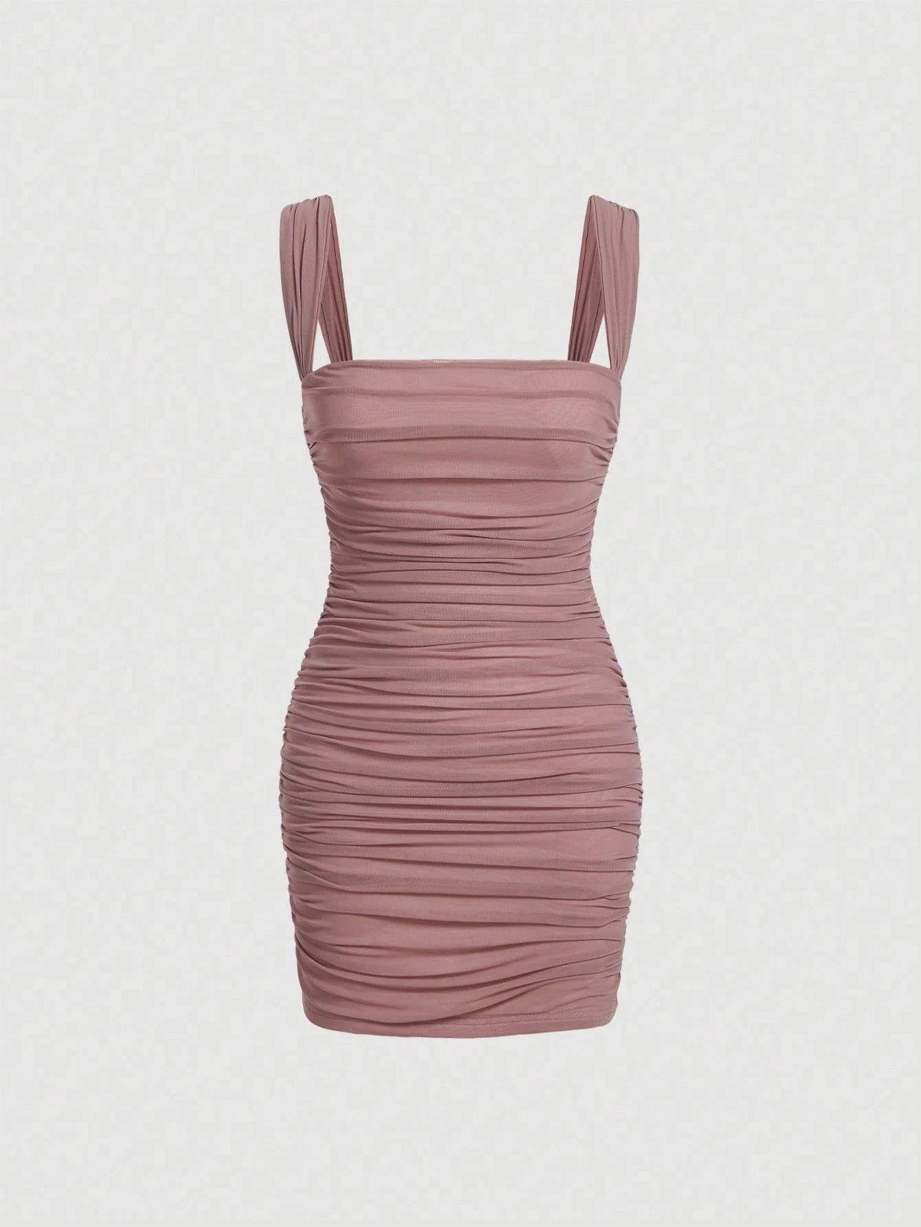 Fashzeo women's Dusty Pink sleeveless ruched cami bodycon mini dress with square neckline and sheer mesh overlay in a sexy party style.