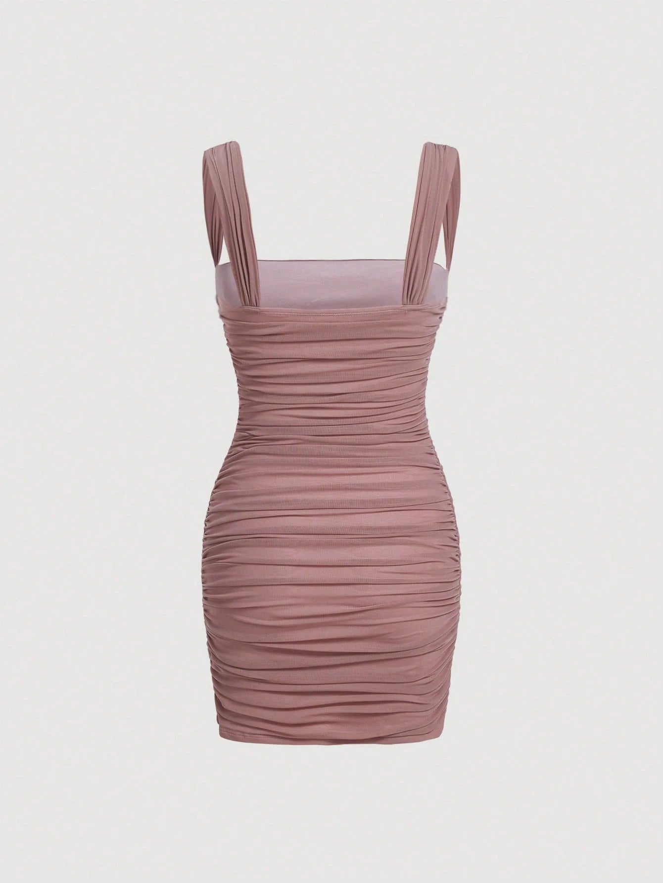 Fashzeo women's Dusty Pink sleeveless ruched cami bodycon mini dress with square neckline and sheer mesh overlay in a sexy party style.1