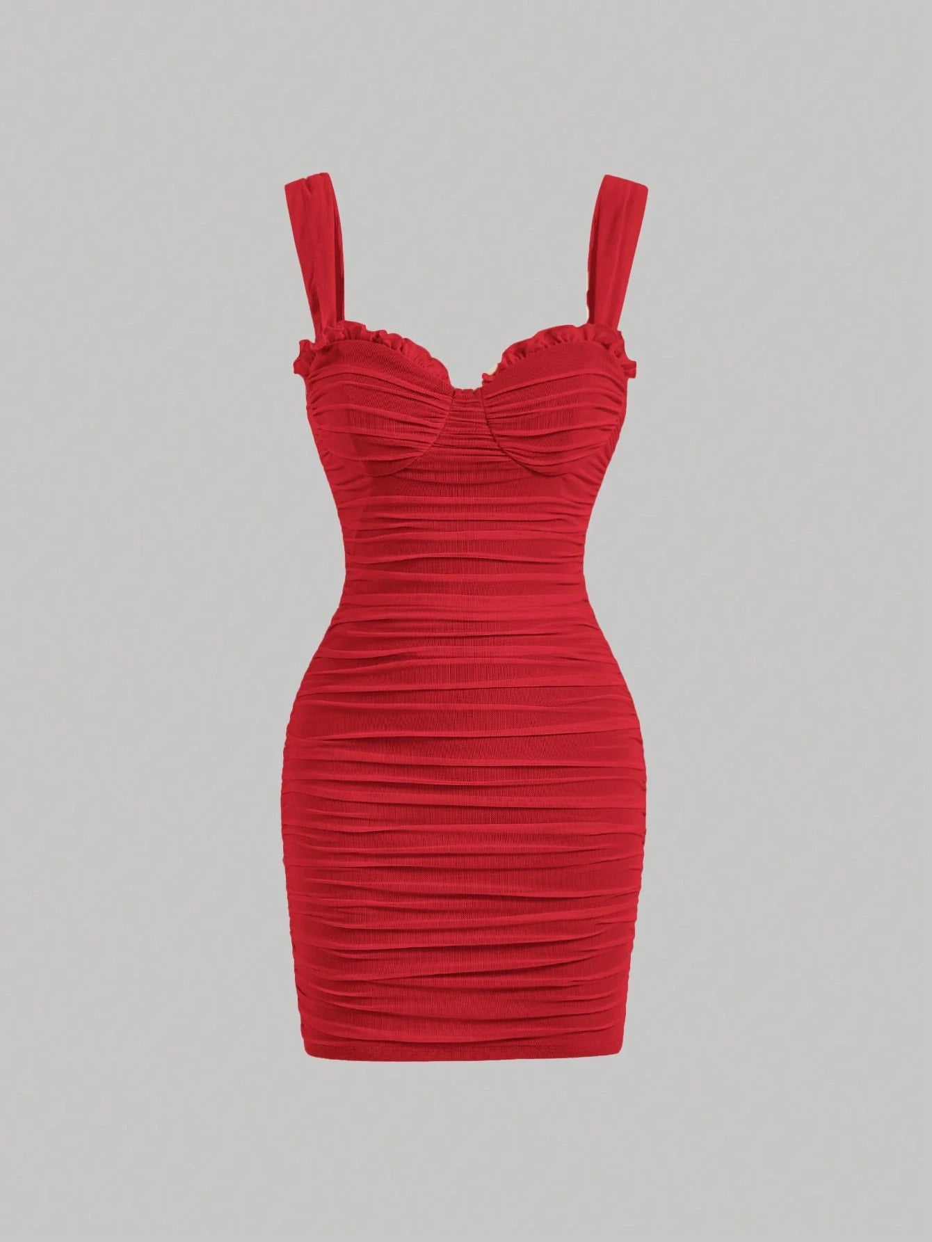 Fashzeo women's Red wide strap square neck bodycon mini dress with all-over ruched detailing and zipper back in a glam party style.
