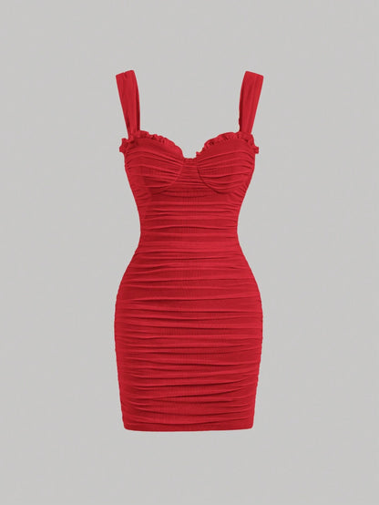 Fashzeo women's Red wide strap square neck bodycon mini dress with all-over ruched detailing and zipper back in a glam party style.
