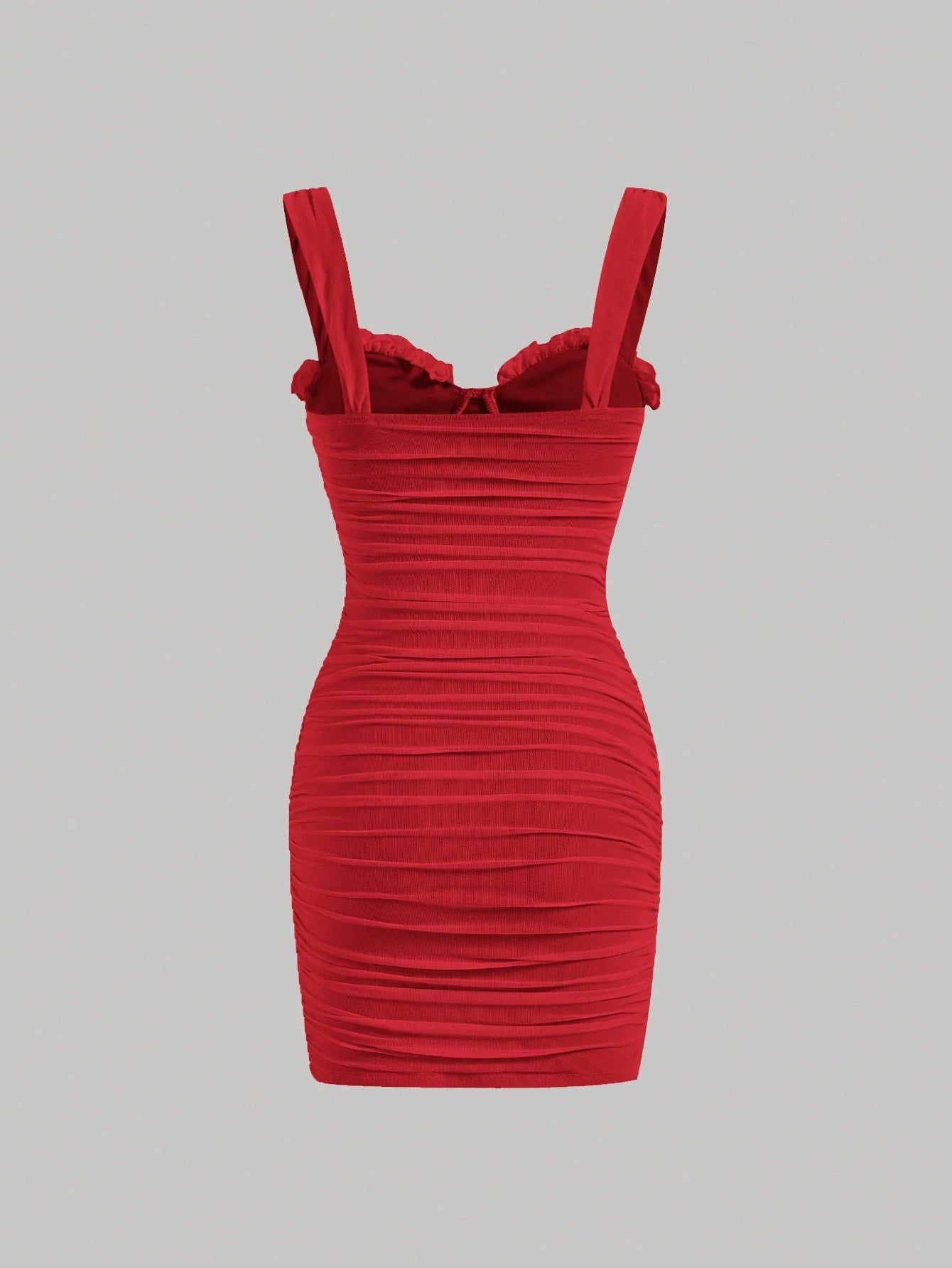 Fashzeo women's Red wide strap square neck bodycon mini dress with all-over ruched detailing and zipper back in a glam party style.1