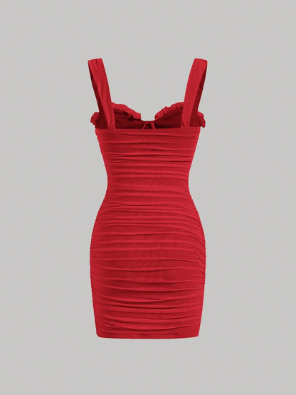 Fashzeo women's Red wide strap square neck bodycon mini dress with all-over ruched detailing and zipper back in a glam party style.1