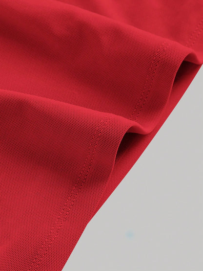Fashzeo women's Red wide strap square neck bodycon mini dress with all-over ruched detailing and zipper back in a glam party style.3