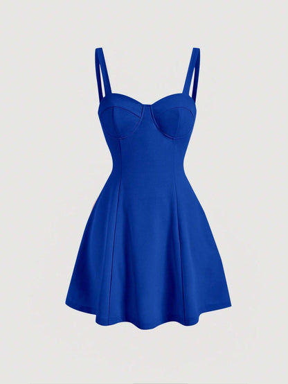 Fashzeo women's Royal Blue bustier cami mini dress with snatched waist and flared skirt for party wear