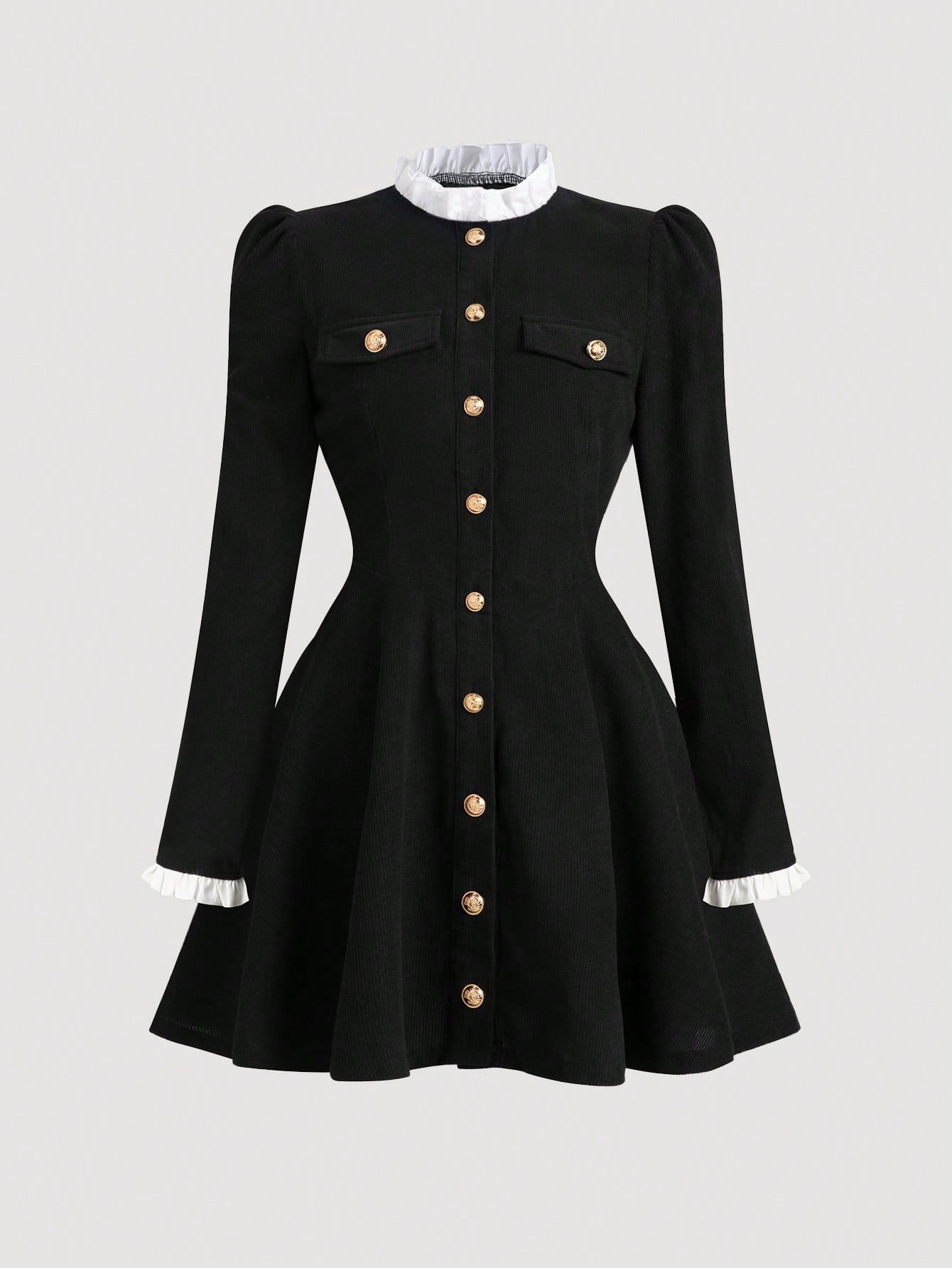 Fashzeo women's black long sleeve mini dress featuring a ruffled stand collar, gold button-front, and flap pockets in a preppy vintage style