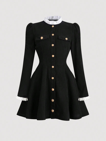 Fashzeo women's black long sleeve mini dress featuring a ruffled stand collar, gold button-front, and flap pockets in a preppy vintage style