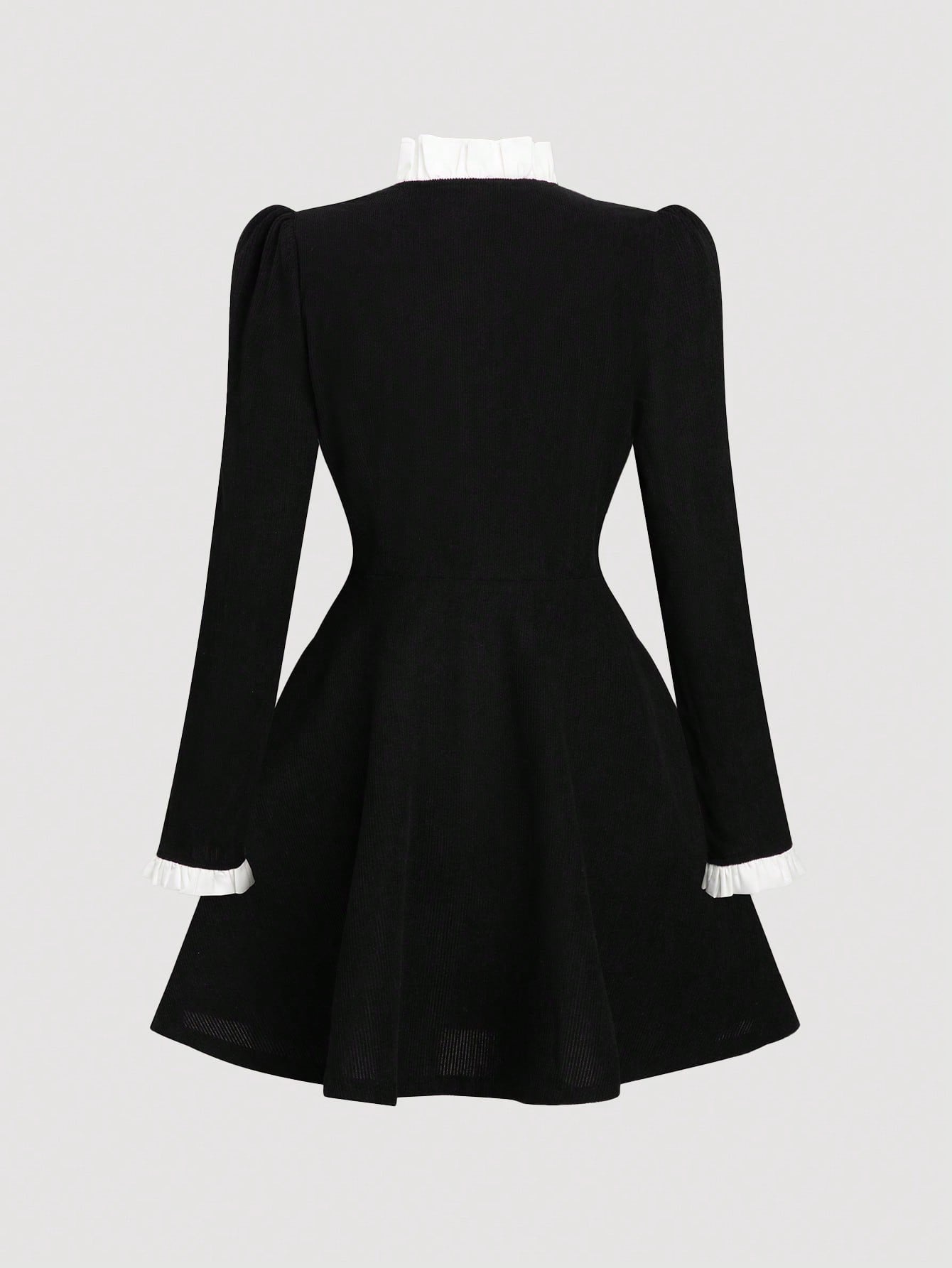 Fashzeo_women_s_black_long_sleeve_mini_dress_featuring_a_ruffled_stand_collar_gold_button-front_and_flap_pockets_in_a_preppy_vintage_style1