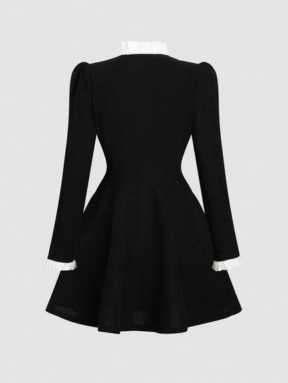 Fashzeo_women_s_black_long_sleeve_mini_dress_featuring_a_ruffled_stand_collar_gold_button-front_and_flap_pockets_in_a_preppy_vintage_style1