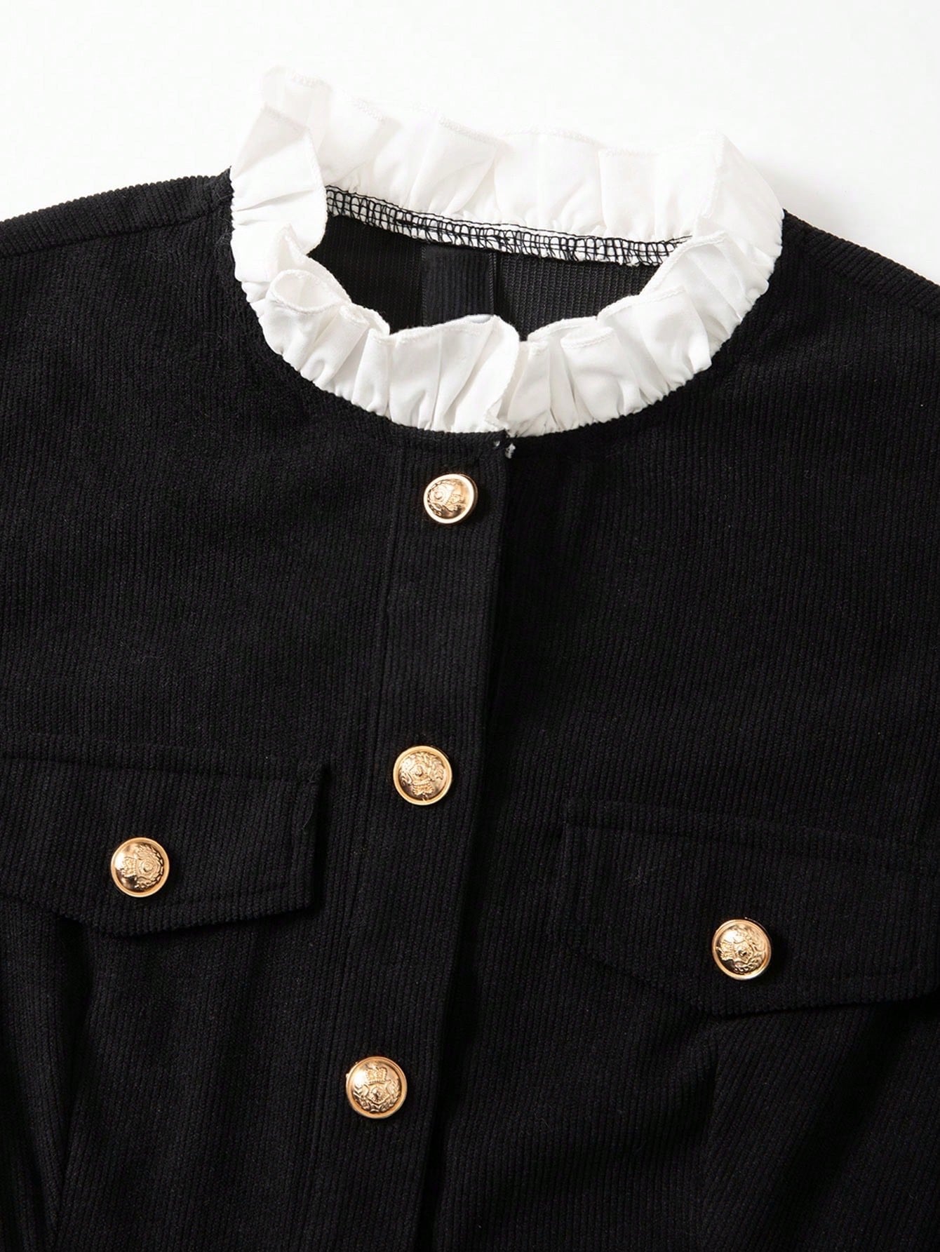 Fashzeo_women_s_black_long_sleeve_mini_dress_featuring_a_ruffled_stand_collar_gold_button-front_and_flap_pockets_in_a_preppy_vintage_style2