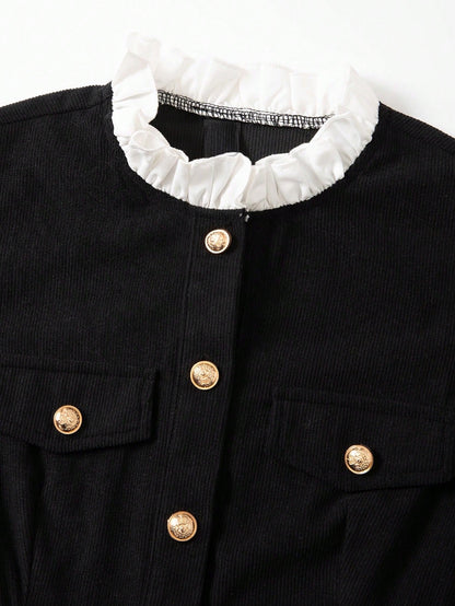 Fashzeo_women_s_black_long_sleeve_mini_dress_featuring_a_ruffled_stand_collar_gold_button-front_and_flap_pockets_in_a_preppy_vintage_style2