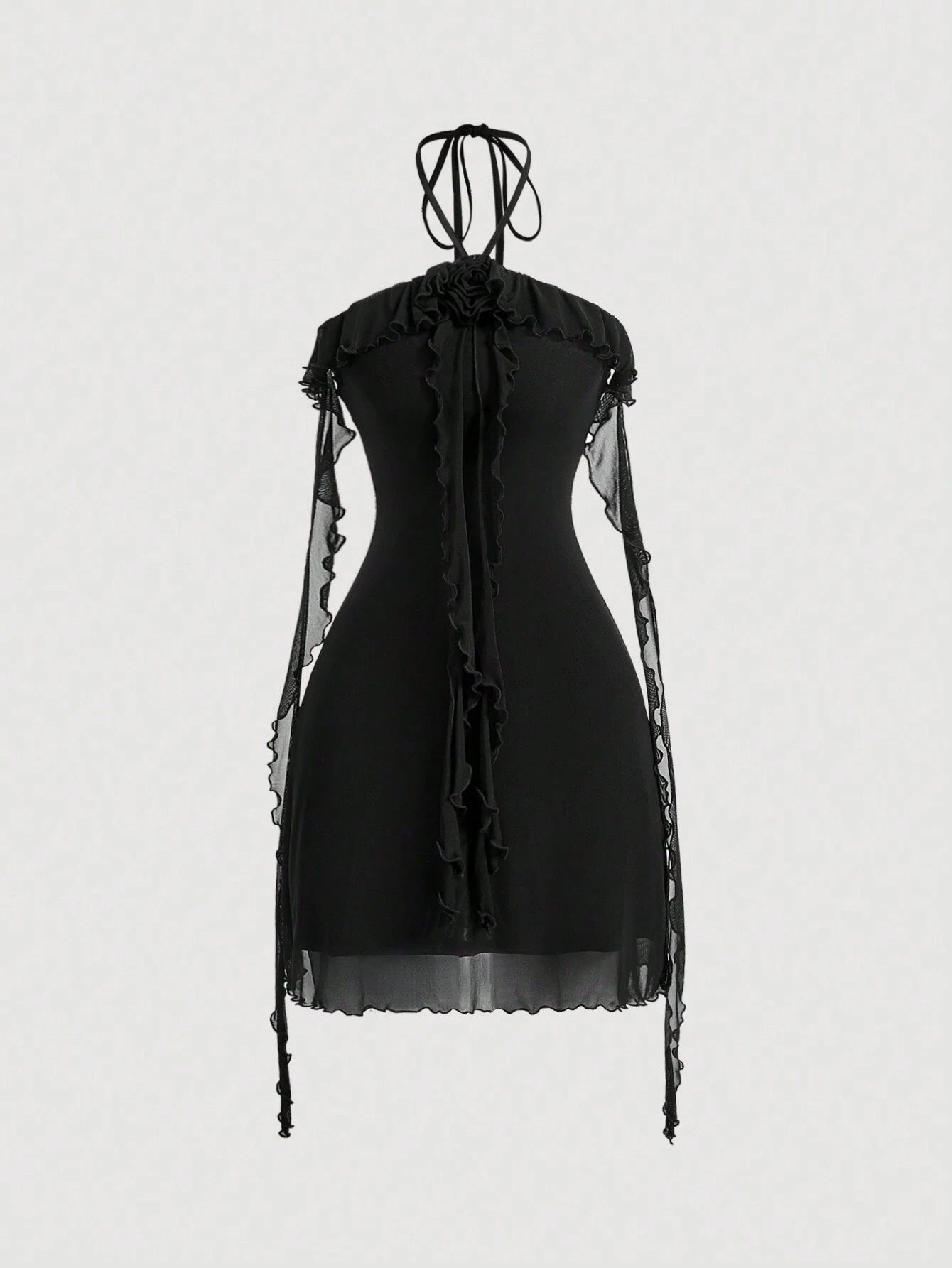 Fashzeo women's black sleeveless halter mini dress with 3D floral rosette decor and cascading ruffle trim in a sheer mesh fabric
