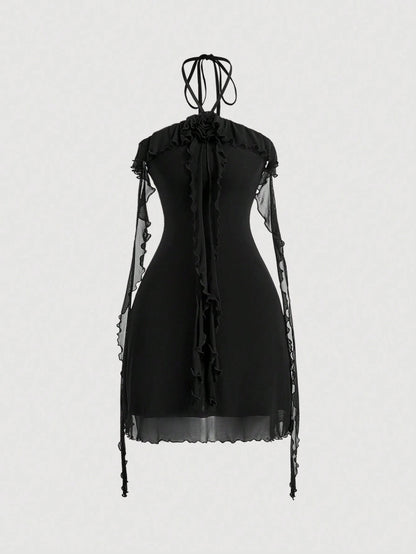 Fashzeo women's black sleeveless halter mini dress with 3D floral rosette decor and cascading ruffle trim in a sheer mesh fabric