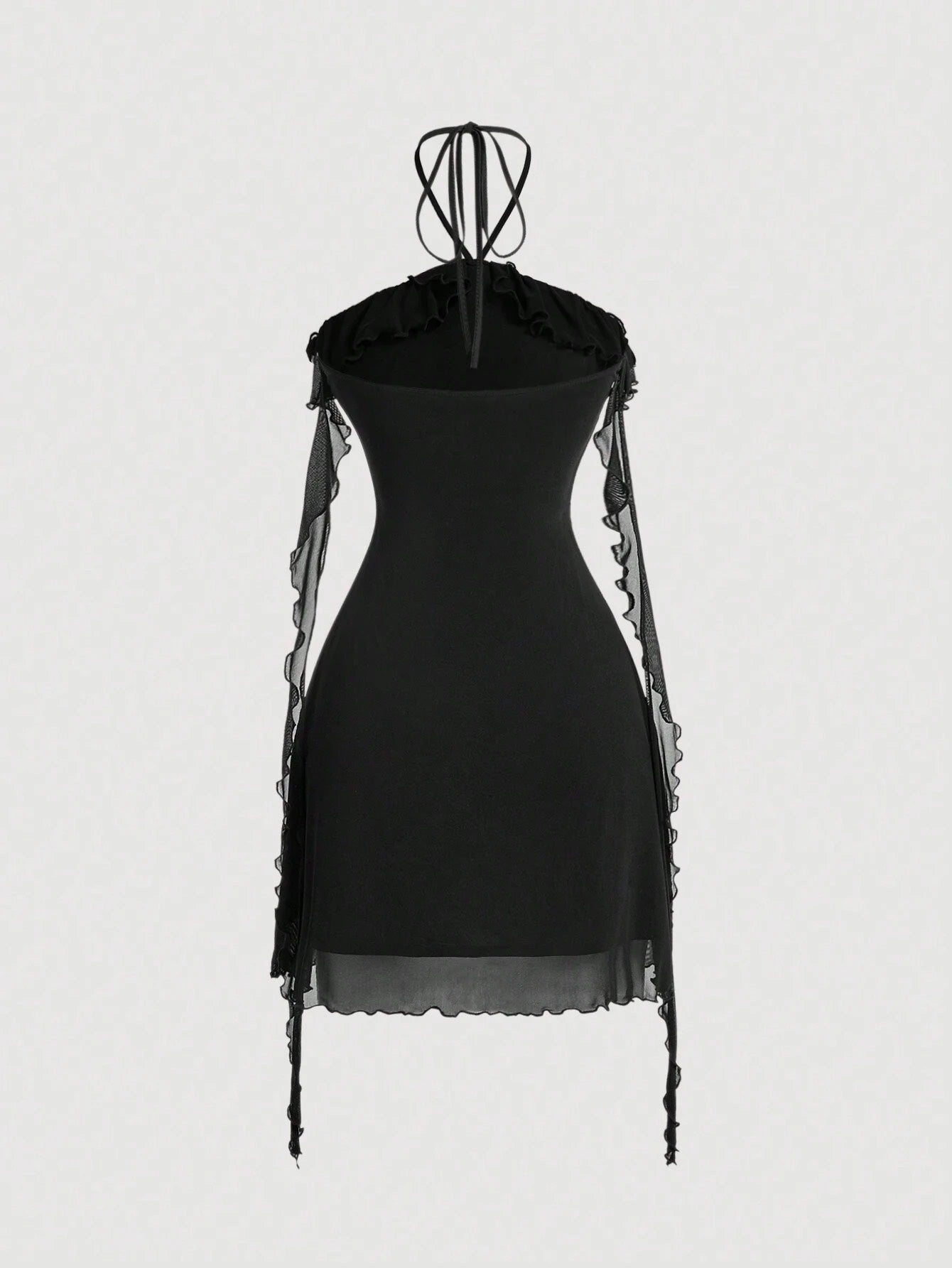 Fashzeo women's black sleeveless halter mini dress with 3D floral rosette decor and cascading ruffle trim in a sheer mesh fabric1