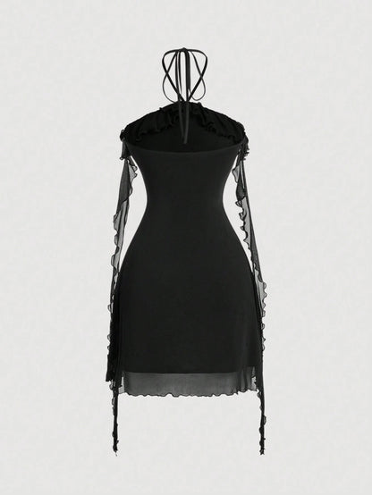 Fashzeo women's black sleeveless halter mini dress with 3D floral rosette decor and cascading ruffle trim in a sheer mesh fabric1