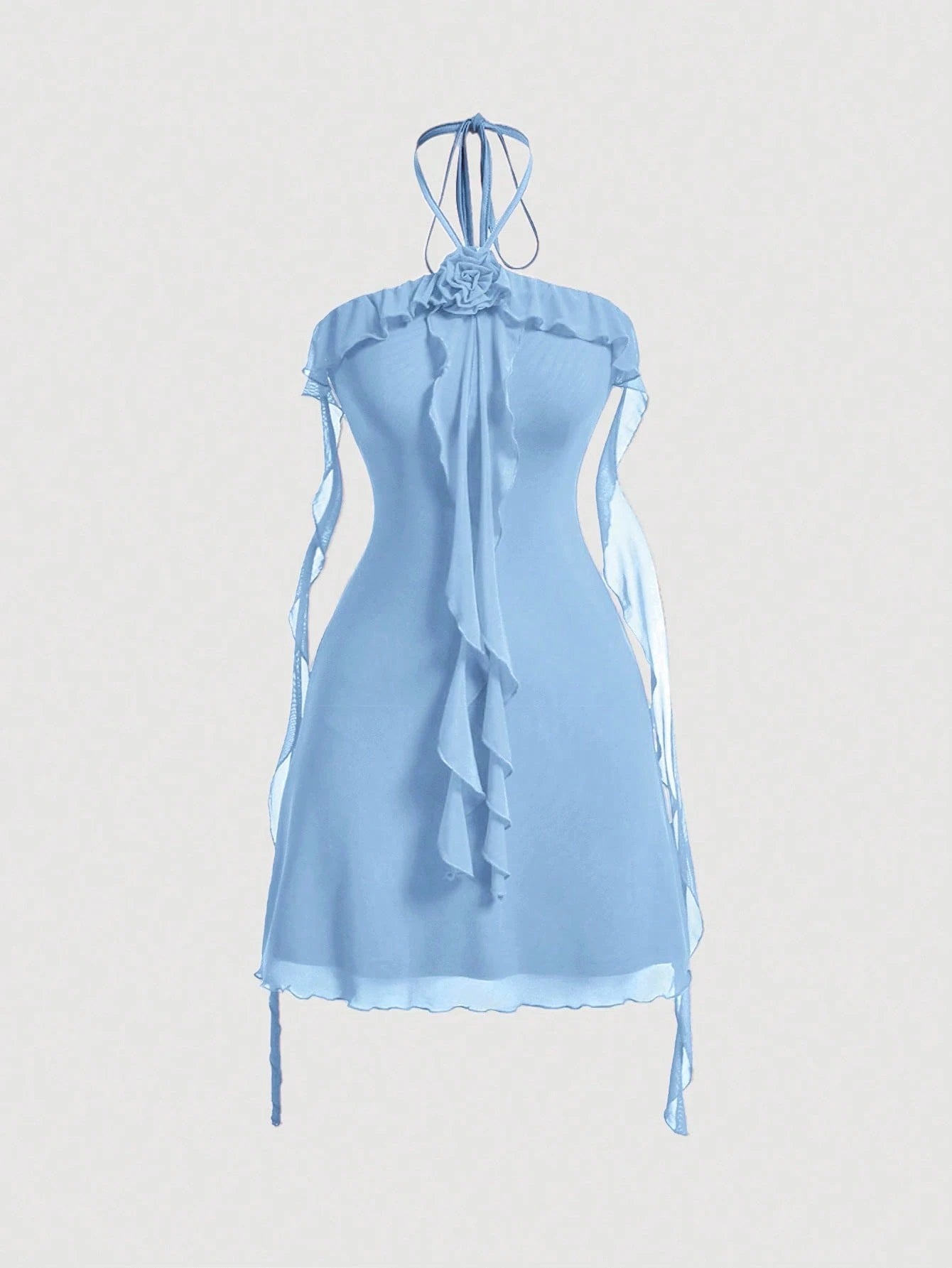 Fashzeo women's blue sleeveless halter mini dress with 3D floral rosette decor and cascading ruffle trim in a sheer mesh fabric