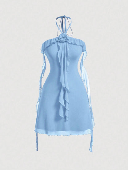 Fashzeo women's blue sleeveless halter mini dress with 3D floral rosette decor and cascading ruffle trim in a sheer mesh fabric