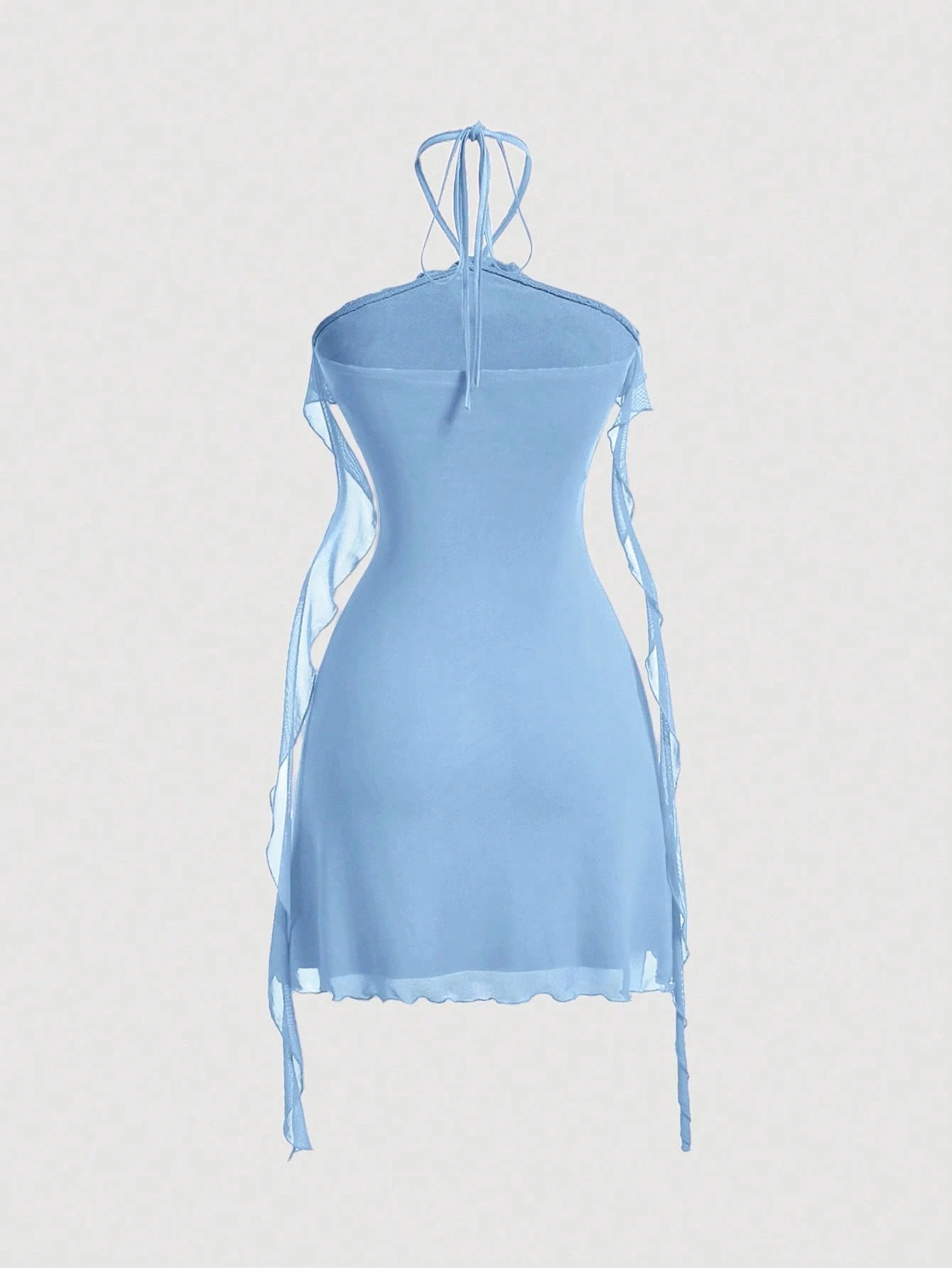 Fashzeo women's blue sleeveless halter mini dress with 3D floral rosette decor and cascading ruffle trim in a sheer mesh fabric1