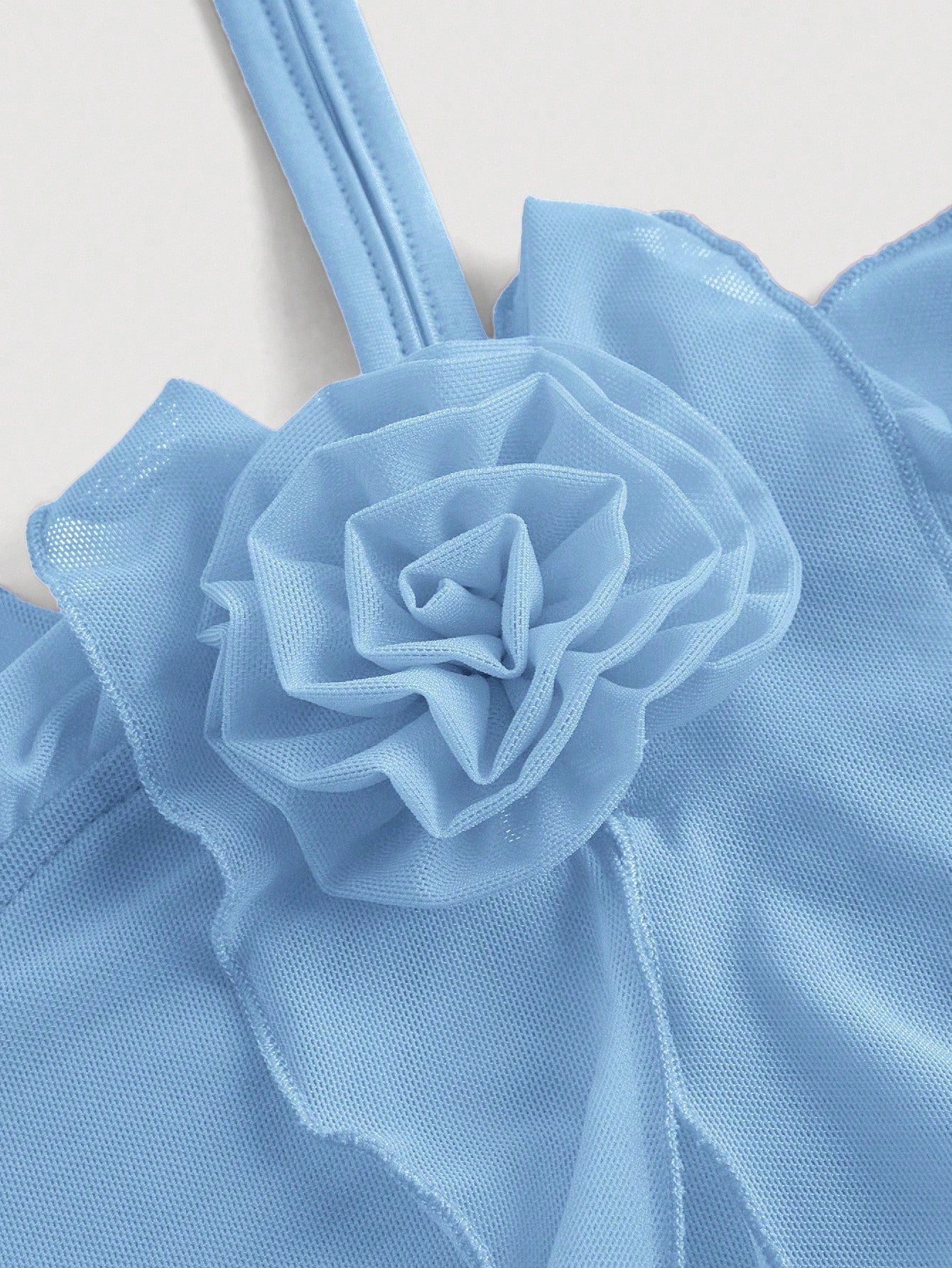 Fashzeo women's blue sleeveless halter mini dress with 3D floral rosette decor and cascading ruffle trim in a sheer mesh fabric2