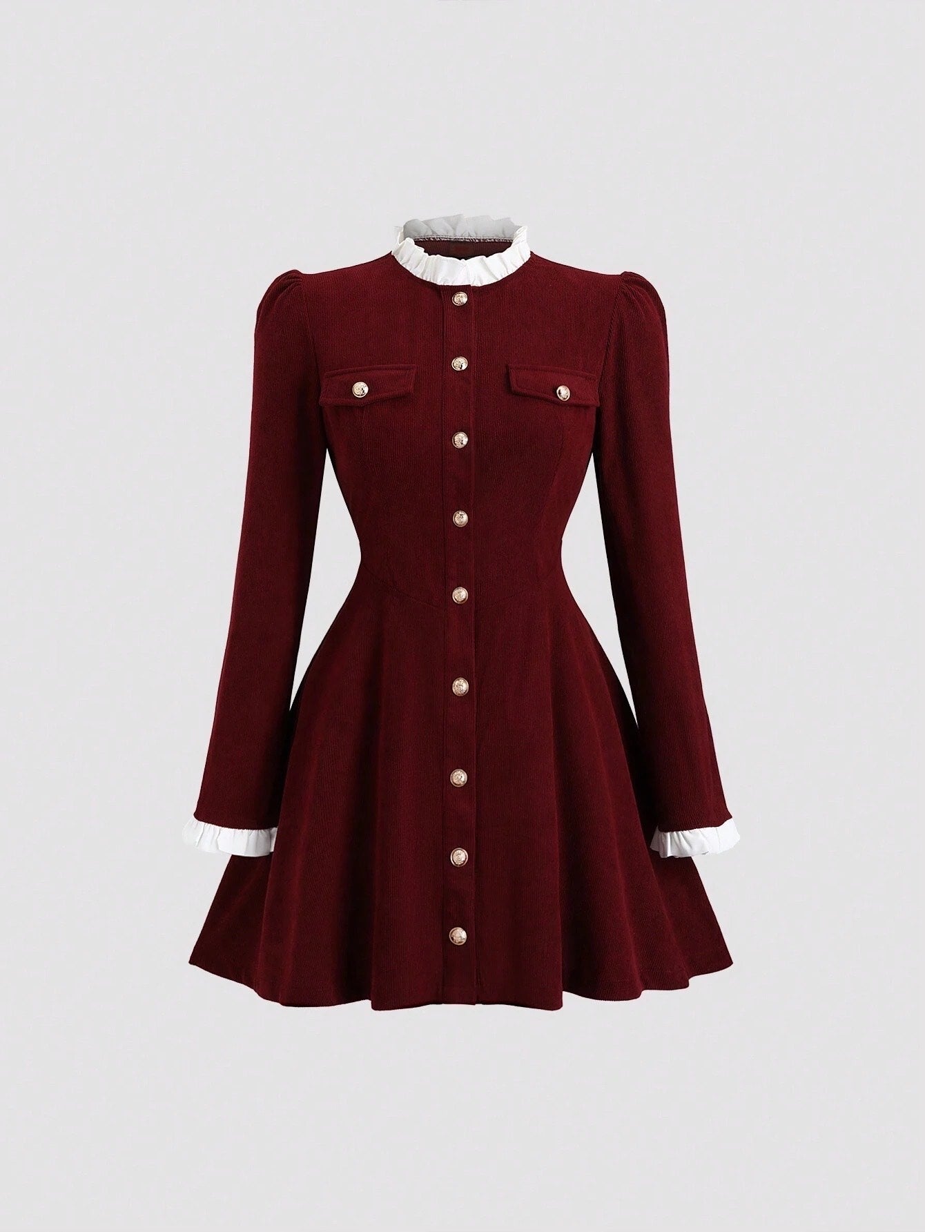 Fashzeo women's burgundy long sleeve mini dress featuring a ruffled stand collar, gold button-front, and flap pockets in a preppy vintage style.