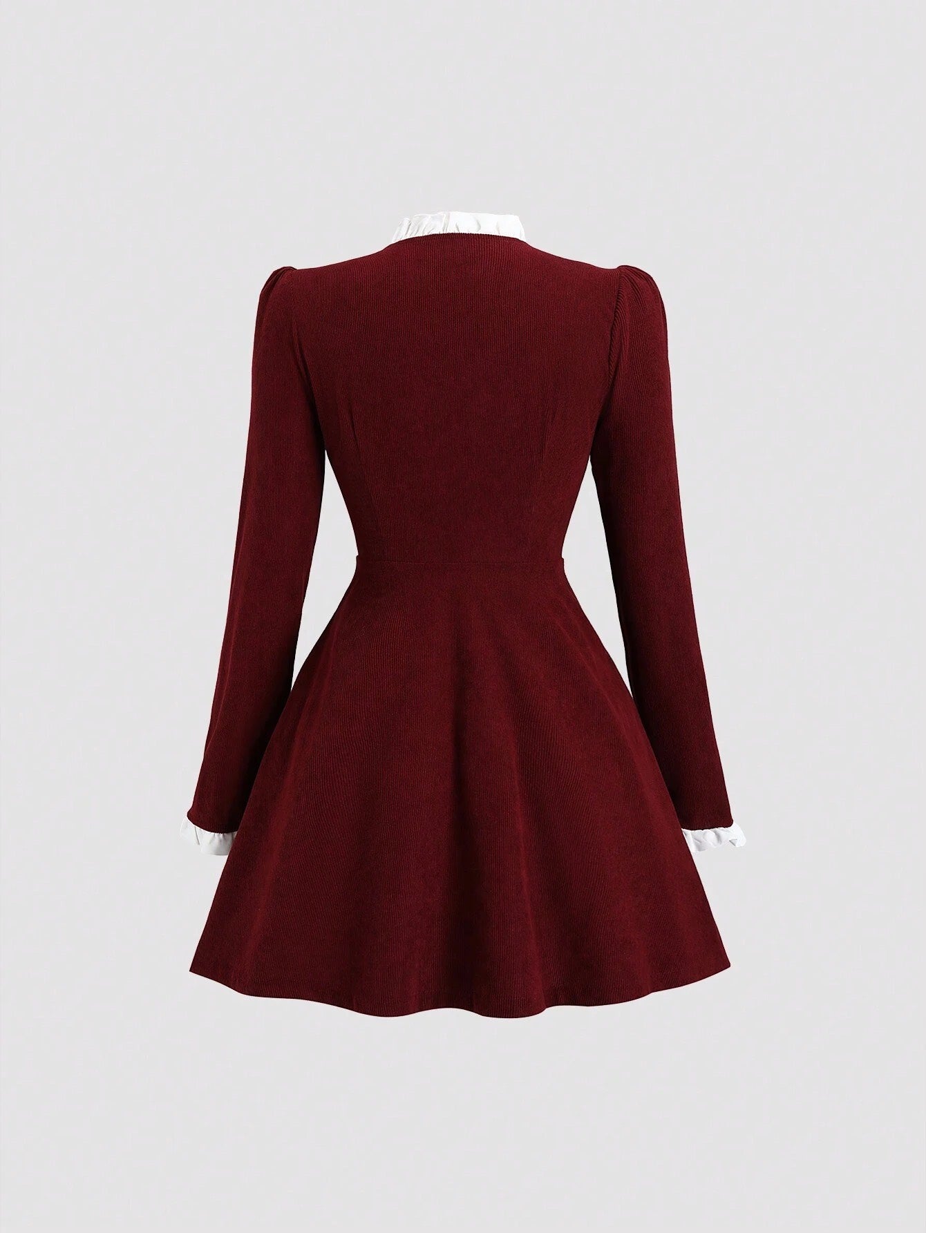 Fashzeo women's burgundy long sleeve mini dress featuring a ruffled stand collar, gold button-front, and flap pockets in a preppy vintage style1