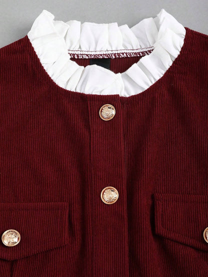 Fashzeo women's burgundy long sleeve mini dress featuring a ruffled stand collar, gold button-front, and flap pockets in a preppy vintage style2