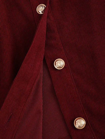 Fashzeo women's burgundy long sleeve mini dress featuring a ruffled stand collar, gold button-front, and flap pockets in a preppy vintage style3