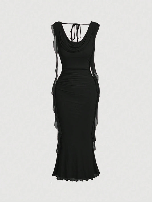 Fashzeo women's cowl neck mesh midi dress in black featuring snatched ruched waist and side ruffle panels