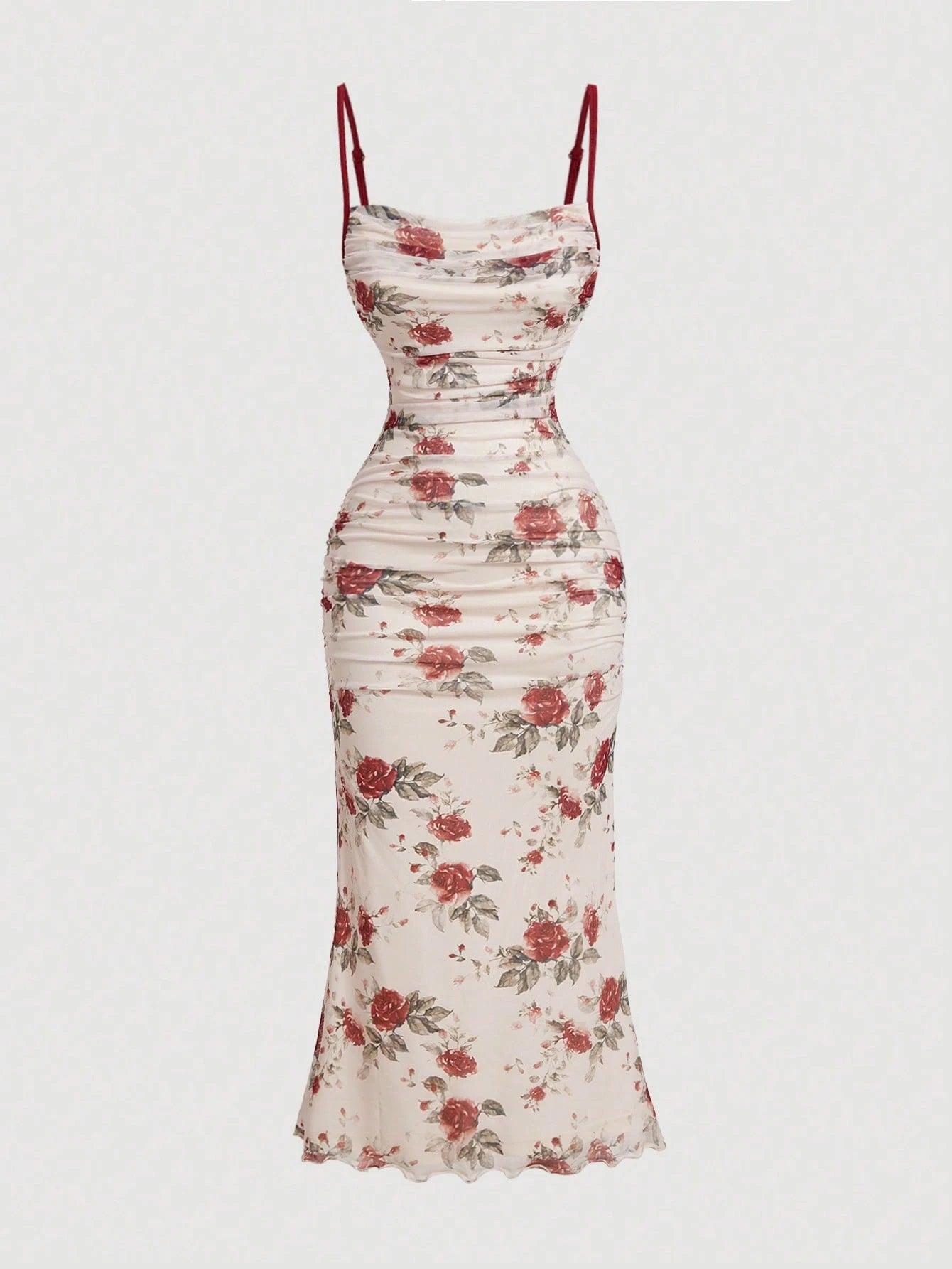 Fashzeo women's cream midi dress with burgundy floral rose print, ruched body, contrasting red spaghetti straps and lettuce edge hem.