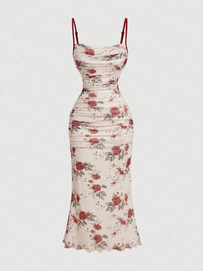 Fashzeo women's cream midi dress with burgundy floral rose print, ruched body, contrasting red spaghetti straps and lettuce edge hem.
