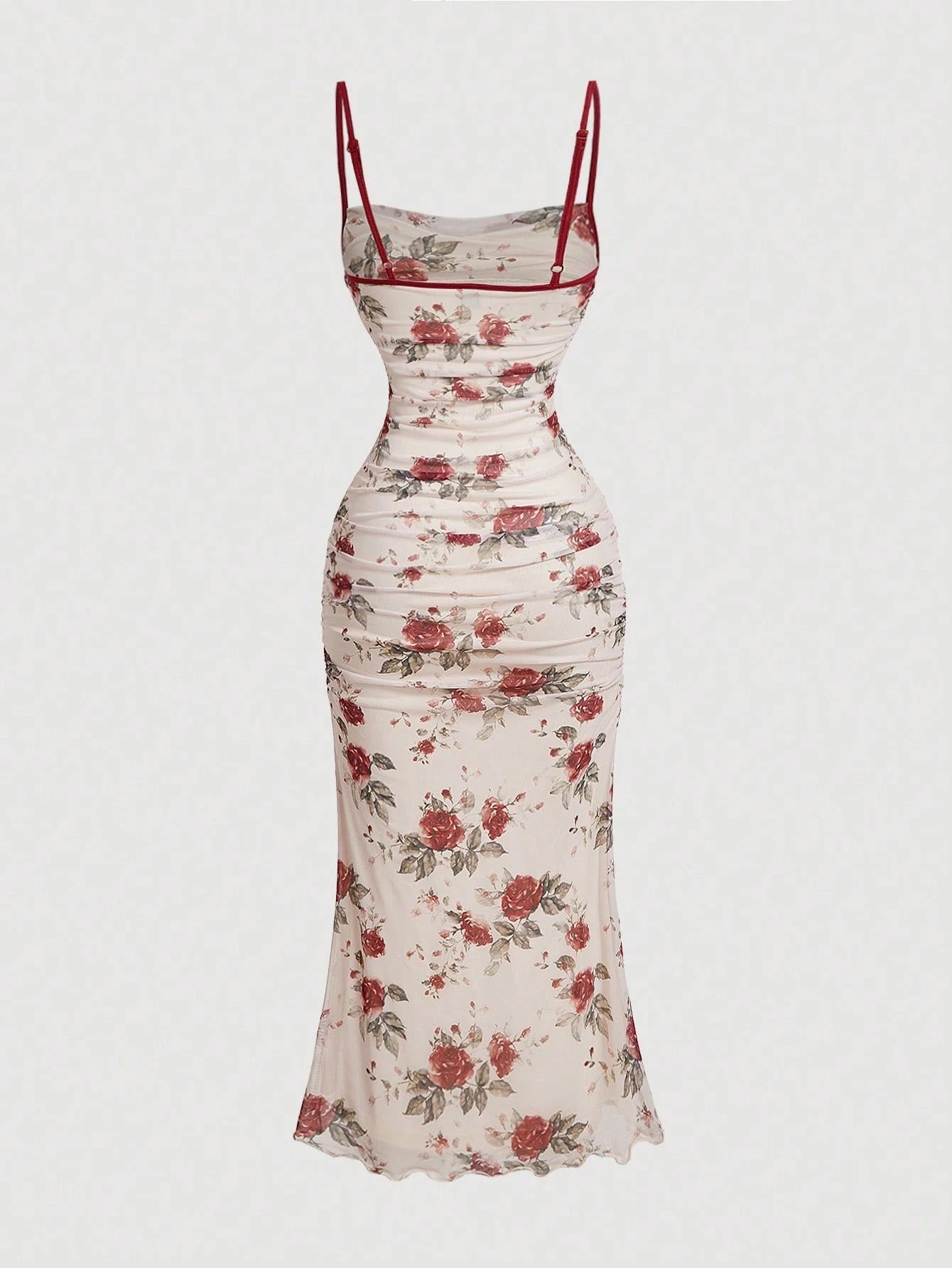Fashzeo women's cream midi dress with burgundy floral rose print, ruched body, contrasting red spaghetti straps and lettuce edge hem.1