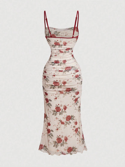 Fashzeo women's cream midi dress with burgundy floral rose print, ruched body, contrasting red spaghetti straps and lettuce edge hem.1