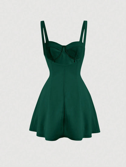 Fashzeo women's dark green bustier cami mini dress with snatched waist and flared skirt for party wear1