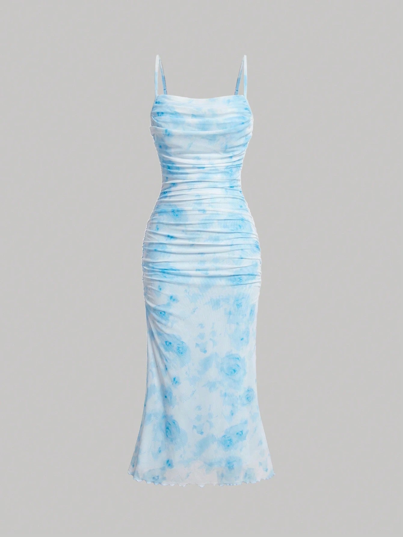 Fashzeo women's dreamy sky blue floral ruched mesh midi dress with snatched bodycon fit and adjustable cami straps.