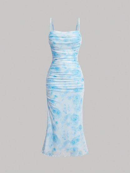 Fashzeo women's dreamy sky blue floral ruched mesh midi dress with snatched bodycon fit and adjustable cami straps.