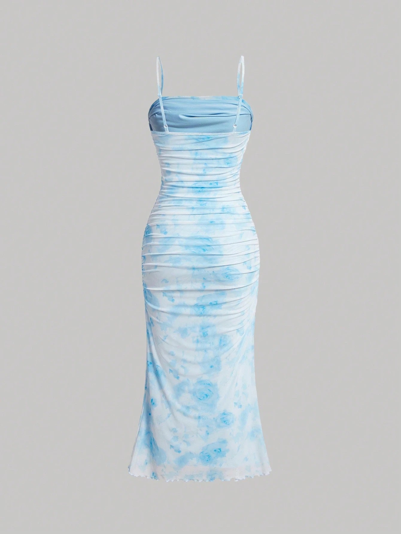 Fashzeo women's dreamy sky blue floral ruched mesh midi dress with snatched bodycon fit and adjustable cami straps.1