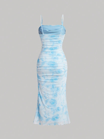 Fashzeo women's dreamy sky blue floral ruched mesh midi dress with snatched bodycon fit and adjustable cami straps.1