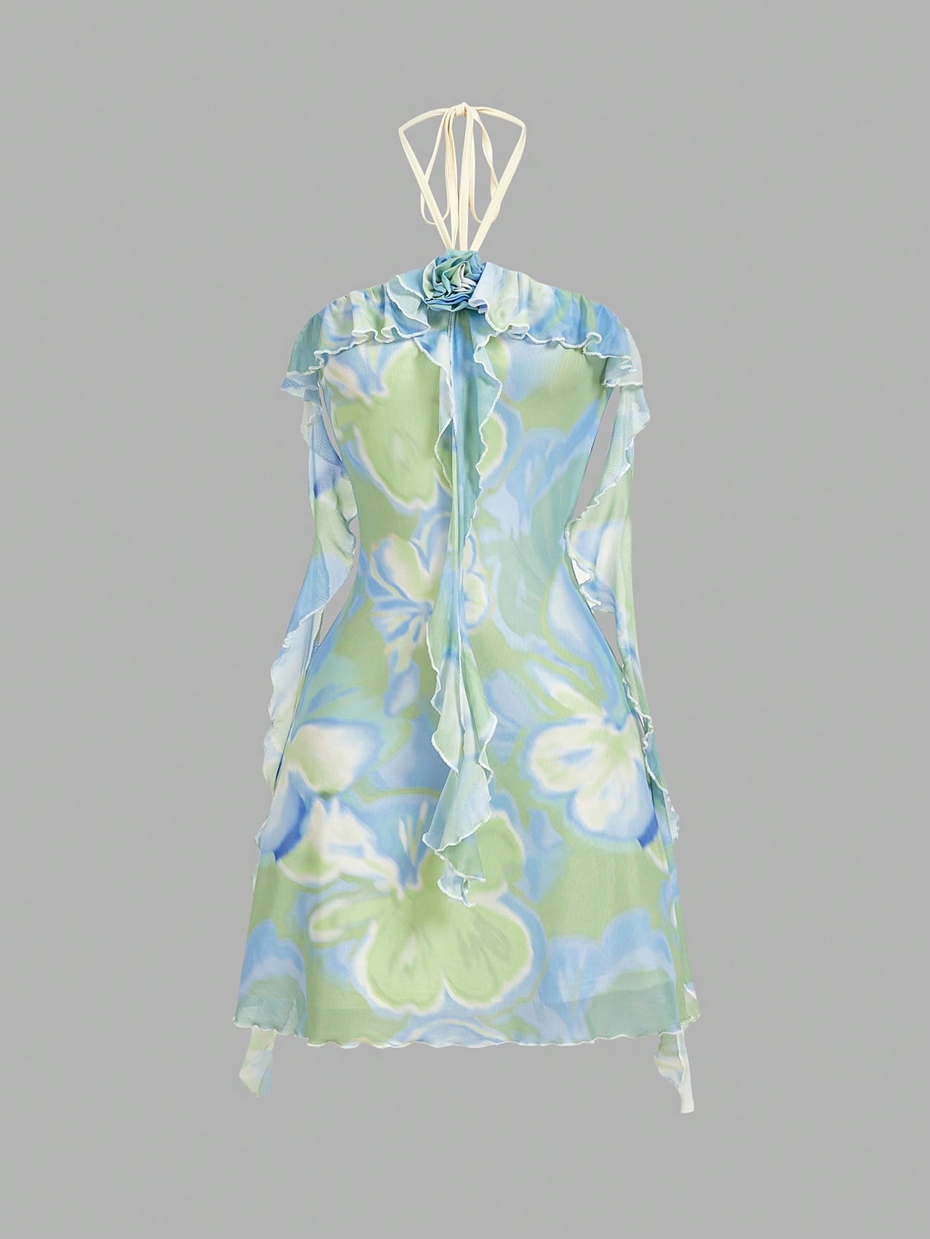 Fashzeo women's green floral mini dress featuring 3D rose appliqués, ribbon strap trim, and a tiered ruffle hem1