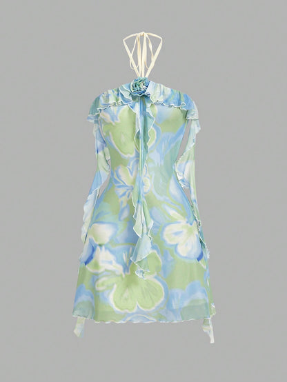 Fashzeo women's green floral mini dress featuring 3D rose appliqués, ribbon strap trim, and a tiered ruffle hem1