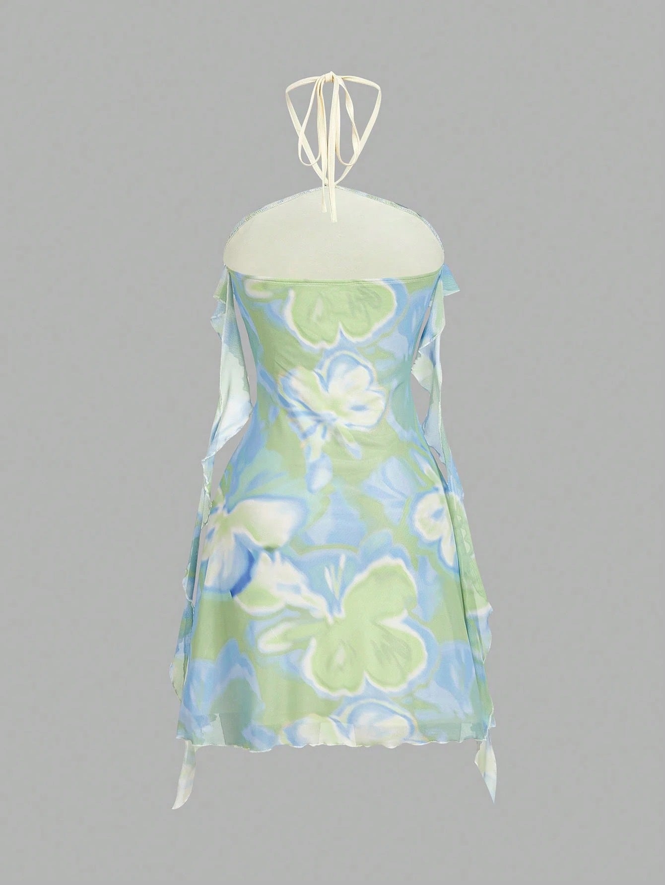 Fashzeo women's green floral mini dress featuring 3D rose appliqués, ribbon strap trim, and a tiered ruffle hem2