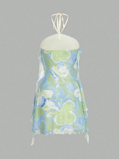 Fashzeo women's green floral mini dress featuring 3D rose appliqués, ribbon strap trim, and a tiered ruffle hem2