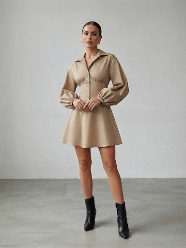 Fashzeo_women_s_khaki_fitted_mini_shirt_dress_featuring_long_puff_sleeves_and_a_button-up_front_collar